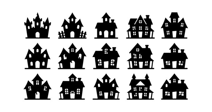 Black house icons, silhouette homes, vector house designs, 15 house shapes