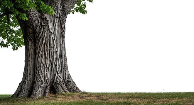 A towering, textured tree trunk with green leaves and grass, isolated on white