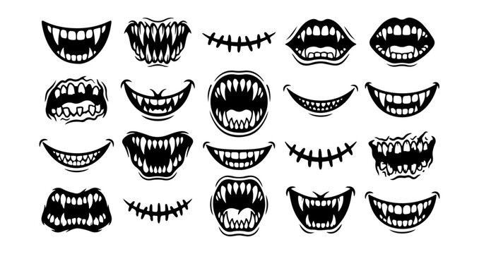Black and white vampire teeth, creepy mouths, evil smiles, 16 icon set, vector illustrations