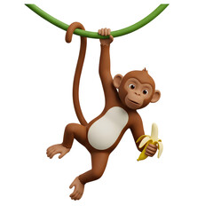 Fototapeta premium Cute 3D Monkey Hanging on Vine with Banana
