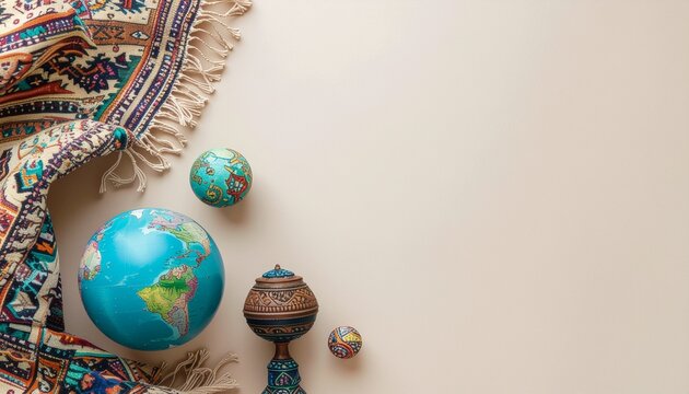 Minimal flat lay photography featuring an ethnic textile fragment with decorative ceramic crafts and globes on a light background