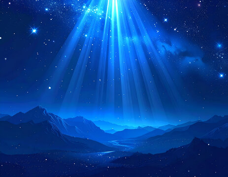 Mysterious Blue Beam of Light Illuminates Starry Night Sky Over Alien Landscape.