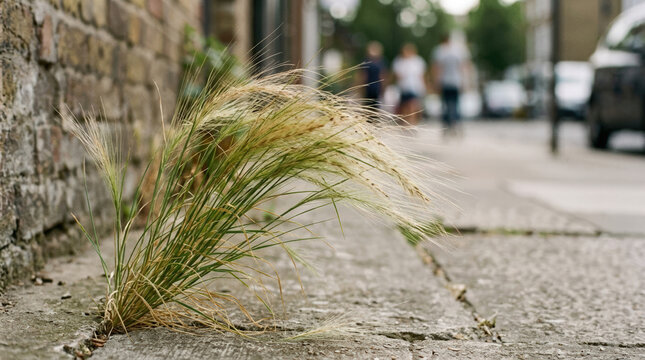 Close-up of Nassella tenuissima growing in a sidewalk crack. Mexican feathergrass by a brick wall with blurred urban street