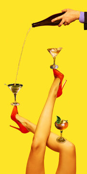 Surreal cocktail and red high heels composition with pouring drink on yellow background. Concept of fashion nightlife, luxury party, bar advertising, cocktail branding and bold poster design.