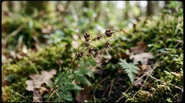 Macro photography of Luzula sylvatica seed heads. Close up of great wood-rush with brown spikelets in a green woodland environment
