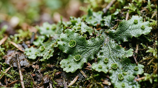 Macro photography of Marchantia polymorpha on a forest floor. Close up of common liverwort showing green thallus and gemma cups