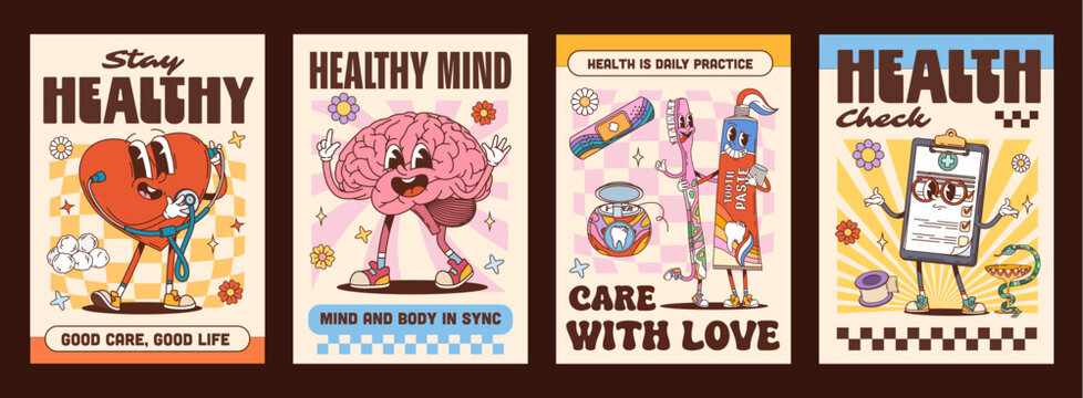 Medicine characters y2k groovy hippie health care posters with retro slogans. Stay healthy, healthy mind, health is daily practice, care with love and health check. Cartoon vector heart and brain