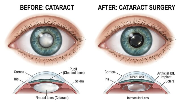 Cataract eye condition before and after surgical intraocular lens replacement