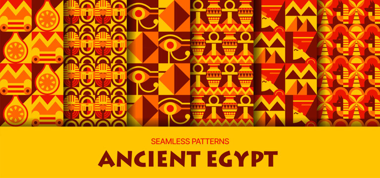 Ancient Egypt seamless patterns set with geometric ornament. Vibrant patterns with mosaic block pharaoh heads, Eye of Horus and pyramids. Yellow, orange, red and brown textures textile print