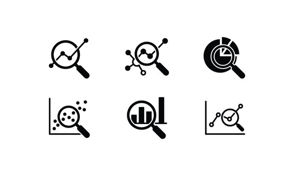 Analytics icon set featuring magnifying glass with various charts.