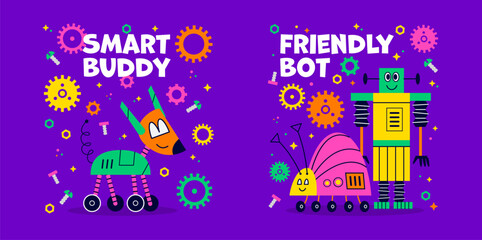 Naklejka premium Funny kids t shirt prints with friendly bots and smart buddy funny robots cartoon characters. Retro robots, robotic dog pet and smart bot friend with cute mechanical animals and cogwheels for prints