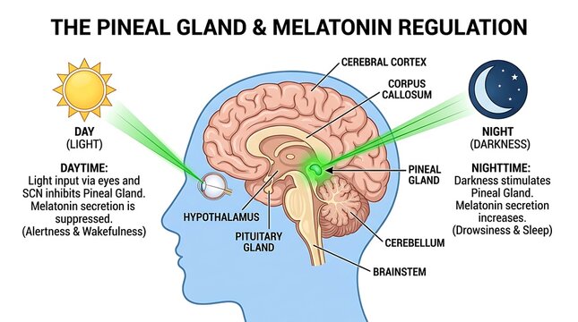 Educational diagram showing pineal gland melatonin regulation and circadian