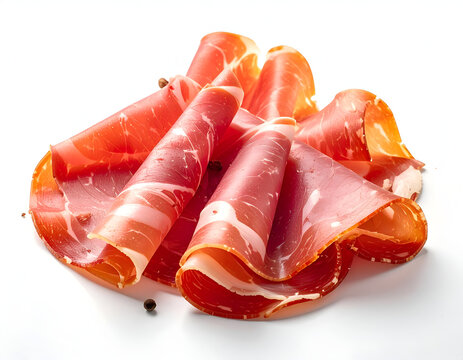 Thinly Sliced Cured Ham with Marbling on White Background.