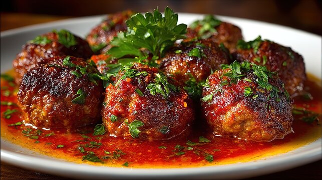 Hearty plate of Spanish albondigas meatballs simmered in rich tomato sauce with fresh parsley garnish, served as a flavorful homemade tapas style dinner with Mediterranean comfort food appeal.