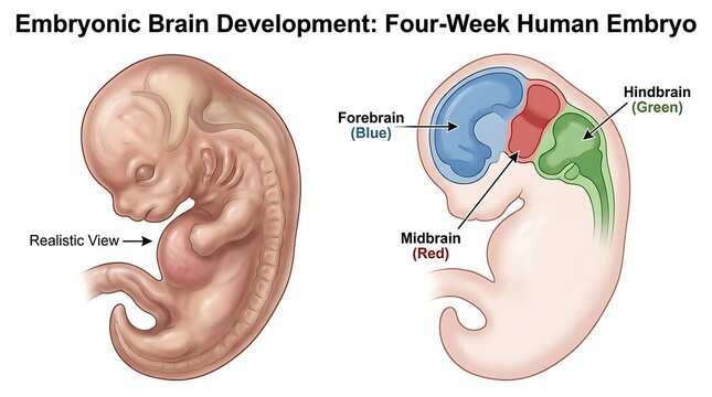 Embryonic brain development illustration of a four week human embryo