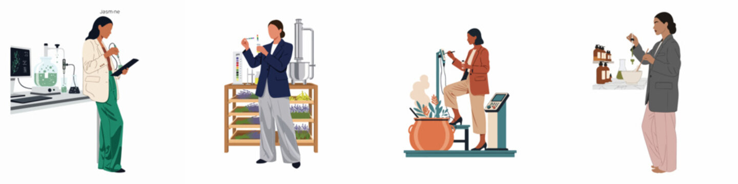 Set of illustrations depicting female scientists and researchers working on botanical cosmetic formulations in various laboratory and production settings.