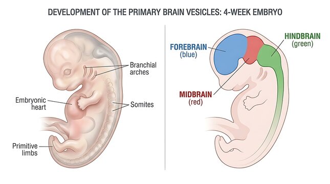 Development of the primary brain vesicles in a 4-week human embryo anatomy
