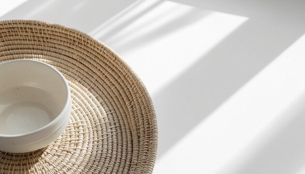 Top view of a handcrafted ceramic vessel resting on a rustic woven decorative tray in a bright minimalist interior space