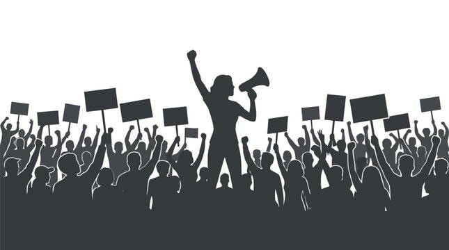 A dark silhouette vector illustration showing a crowd of protesters holding signs and using megaphones
