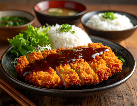 Delicious Japanese Katsu Curry with Rice and Salad.
