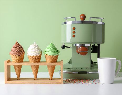 A vibrant still life showcases a retro-style green espresso machine alongside a wooden stand displaying colorful ice cream cones, creating a playful and inviting scene.