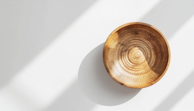 Top view of a single handcrafted wooden bowl cultural artifact on a clean white background with natural sunlight shadows