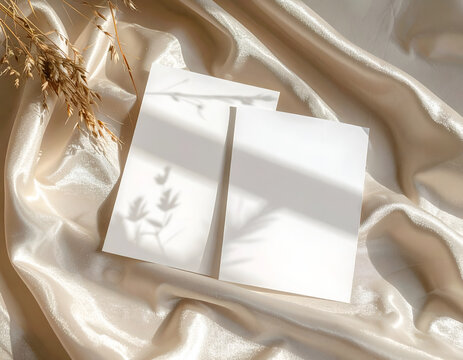 Elegant Wedding Invitation Suite Mockup with Dried Flowers and Silk Drapery.
