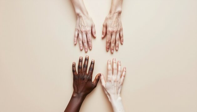 Minimalist top-down composition featuring diverse hands reaching toward the center