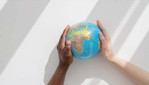 Minimalist Flat Lay Showing Diverse Hands Holding A Small Globe Representing Global Unity And International Cooperation On White