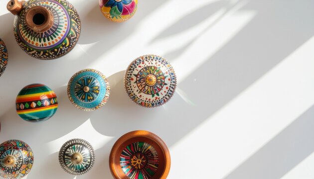 Top view of colorful symbolic objects representing different cultures arranged on a white surface with soft sunlight shadows