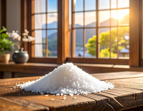Pile of Coarse Salt Crystals on a Wooden Table with a Scenic Mountain View Through a Window.