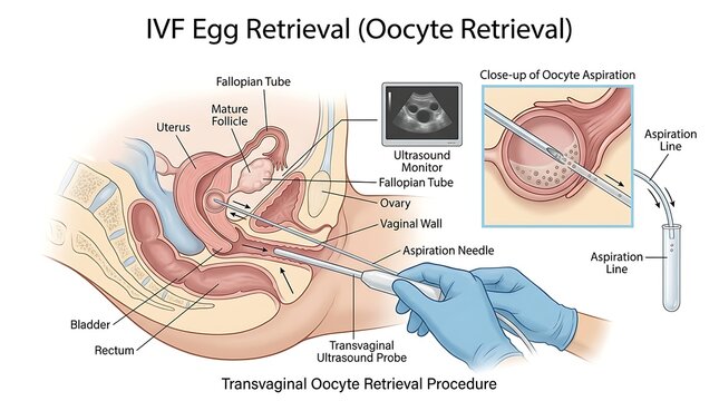 Medical illustration of ivf egg oocyte retrieval procedure with ultrasound