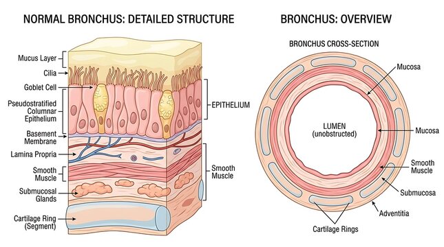 Medical illustration of a normal bronchus showing detailed tissue structure