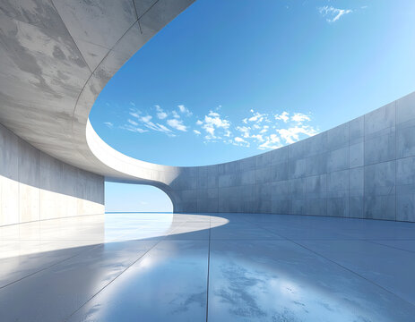 Modern Architectural Design with Curved Concrete Walls and Bright Sky.