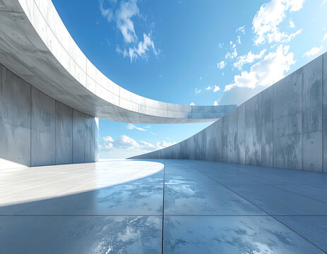 Modern Architectural Design with Curved Concrete Structures and Bright Sky.