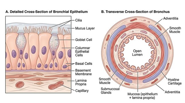 Anatomical cross section diagram of the human bronchial epithelial tissue