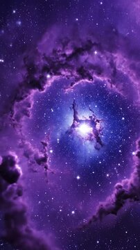 Vibrant purple nebula with bright stars, cosmic dust clouds, deep space, galaxy exploration, ethereal atmosphere, astronomy background