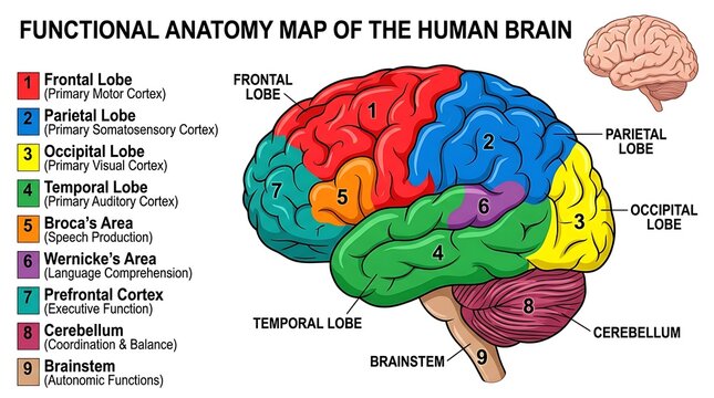 Functional anatomy map of the human brain with labeled lobes, neurology