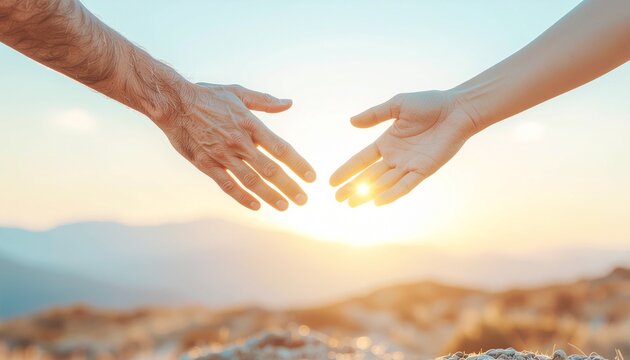 Close-up of two human hands reaching toward each other in a helping gesture against a bright sunset landscape for unity and hope