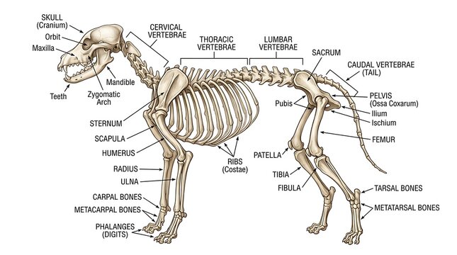Detailed labeled canine skeleton anatomy chart with skeleton, veterinary