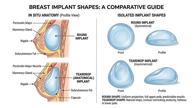 Comparative guide of round and teardrop breast implant anatomy and placement
