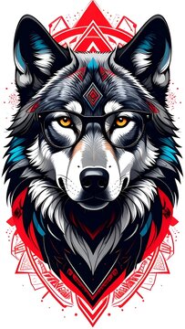 Detailed vector portrait of hipster wolf high resolution photo