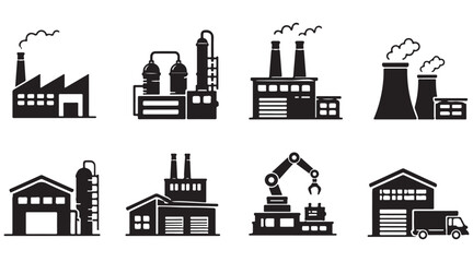 Obraz premium Factory Icons silhouette, industrial building set, vector isolated on white
