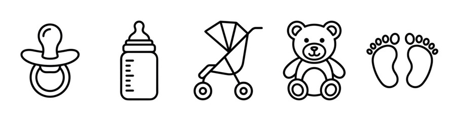 Fototapeta premium Baby items icons set including pacifier, bottle, stroller, teddy bear, and footprints representing newborn care and infancy essentials in a clean outline style.
