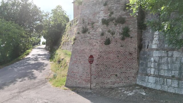 Strada stretta che costeggia un alto muro in mattoni con vegetazione spontanea, sormontato da edifici storici. Scena urbana antica immersa nel verde, luminosa e caratteristica