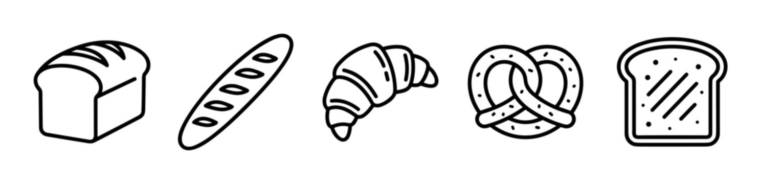 Various bakery items line art icons representing different types of bread and pastries, perfect for food-related designs and menus.