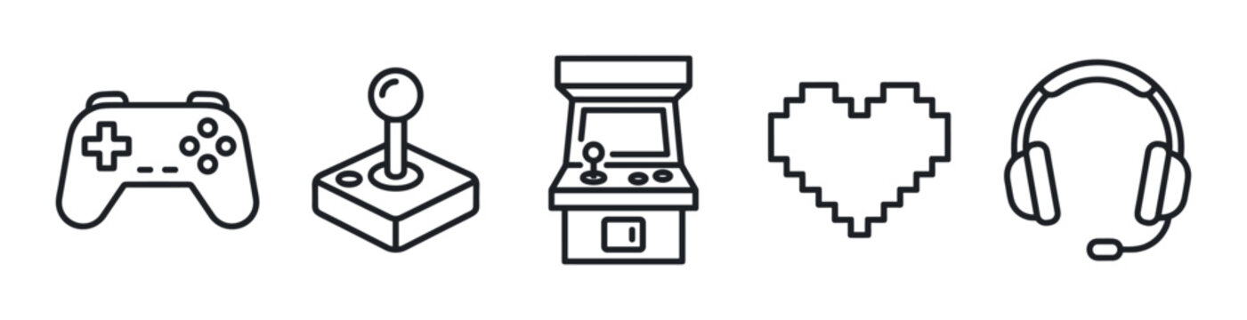 Gaming icons set with controller, joystick, arcade machine, pixel heart, and headset representing video game culture and entertainment.