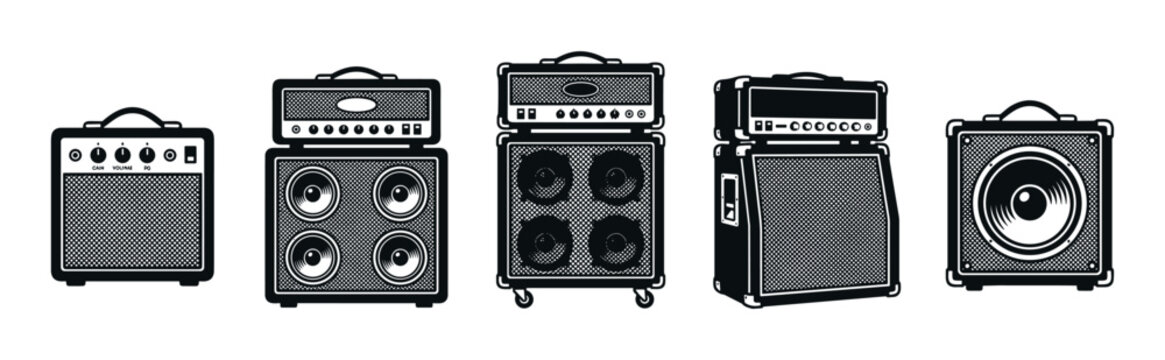 Guitar amplifiers and speaker cabinets in a diverse collection of musical equipment, perfect for live performances, studio recording, and sound production.