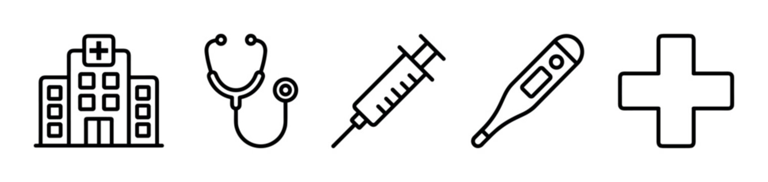 Medical icons set featuring hospital stethoscope syringe thermometer and cross symbol, representing essential healthcare and diagnostic tools for health services.