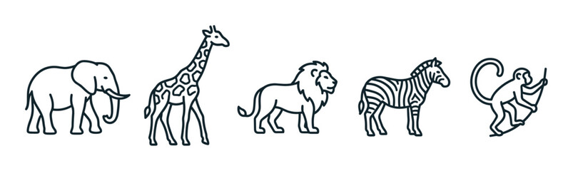 Obraz premium African safari animals icons featuring an elephant, giraffe, lion, zebra, and monkey, presented in a sleek, modern, and minimalist outline vector style.